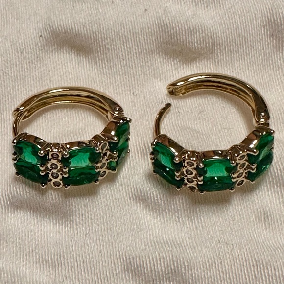 14K Gold Filled Green CZ Oval Huggie Earrings | Emerald Look Hoops - Picture 6 of 9